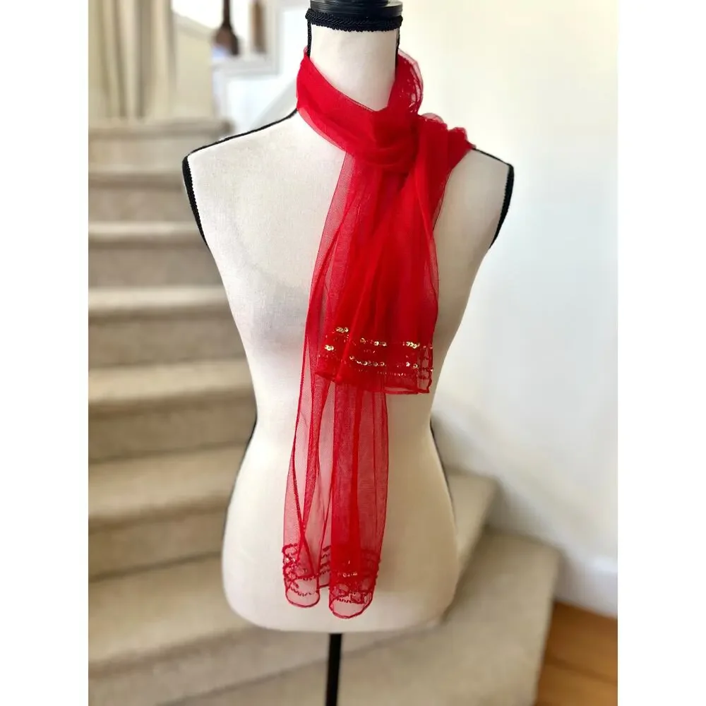 Vintage Y2K Red Mesh Beaded Hem Skinny Scarf